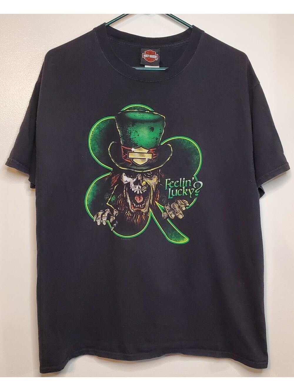 Harley Davidson Feelin Lucky Leprechaun Skull T-Shirt Large Men’s Double-sided